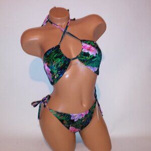 Victoria Secret Swim Bikini Top & Bottom Black Floral Topical Convertible Halter